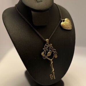 Elegant Gold Tone Key and Heart Necklace with Golden Bronze Tone Chain